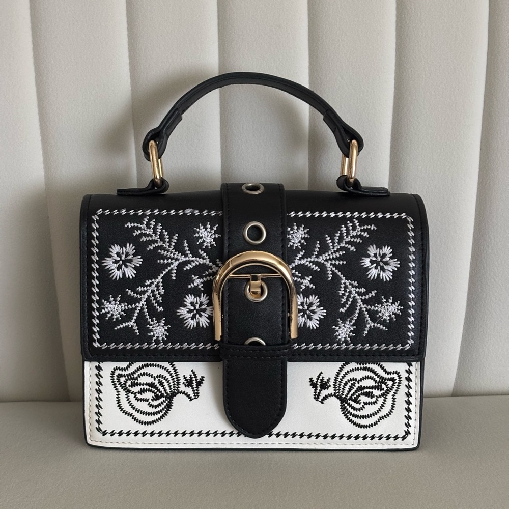 Black and White Embroidered Handbag